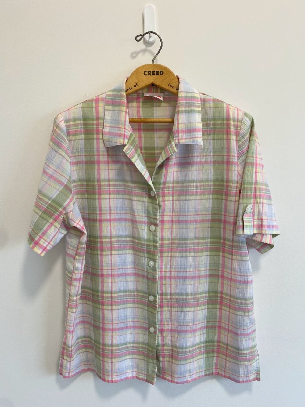 Vintage Pink + Green Plaid Short Sleeve Gauze Blouse / 90s